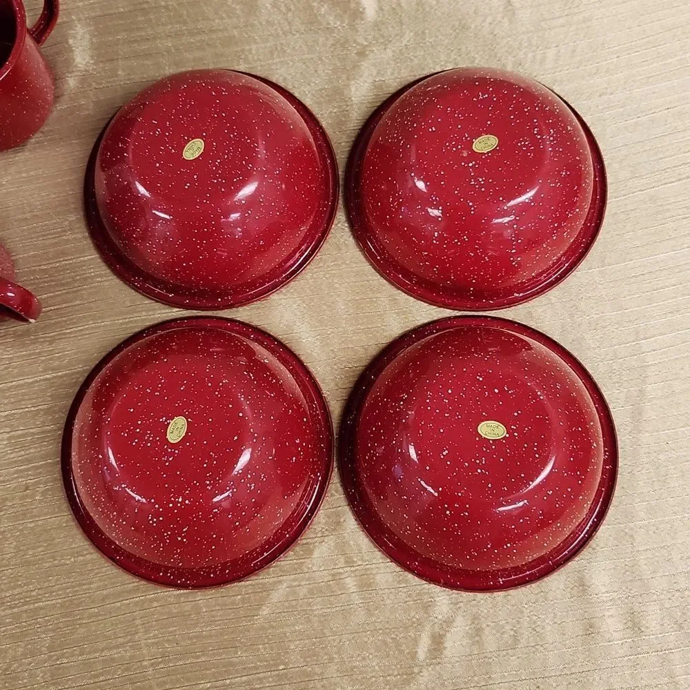Red Enamel Ware Speckeled Metal Bowls and Cups